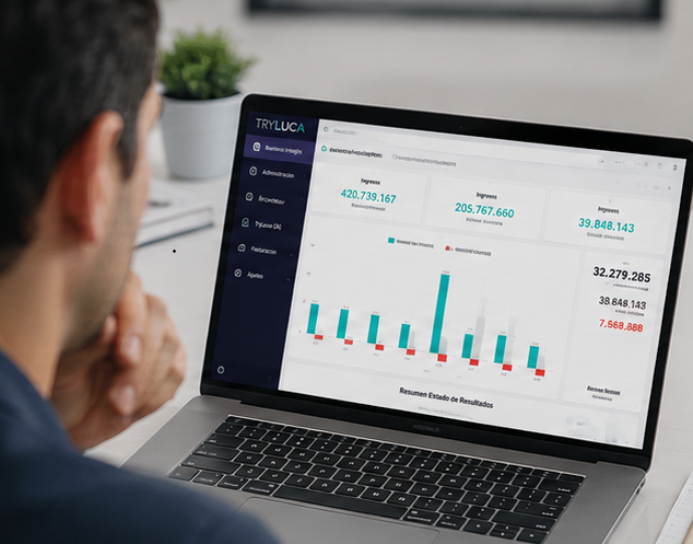 Notebook con el dashboard de TryLuca mostrando ingresos y egresos ya importados